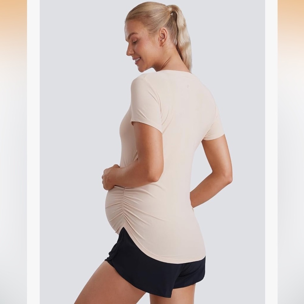 Nwot Crz Yoga Women's Maternity Short Sleeve Side Ruched Cream Tee Xl — image 2 of 6